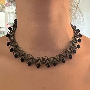 Beaded Woven Choker Necklace Green with Black Beads 5-Inch Diameter Button Hook
